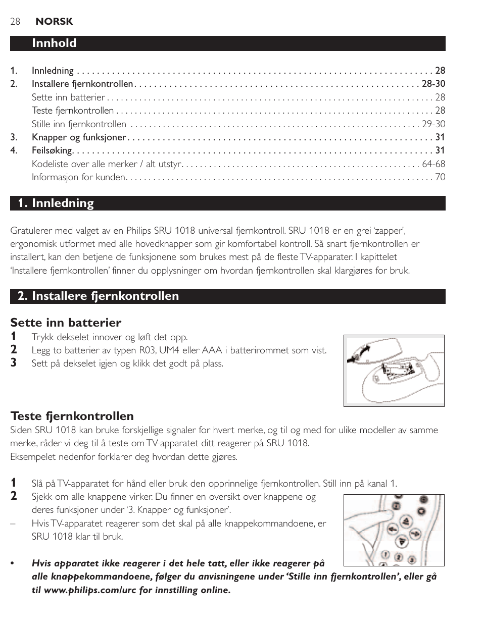 Innhold, Innledning, Installere fjernkontrollen sette inn batterier 1 | Teste fjernkontrollen | Philips SRU1018 User Manual | Page 28 / 72