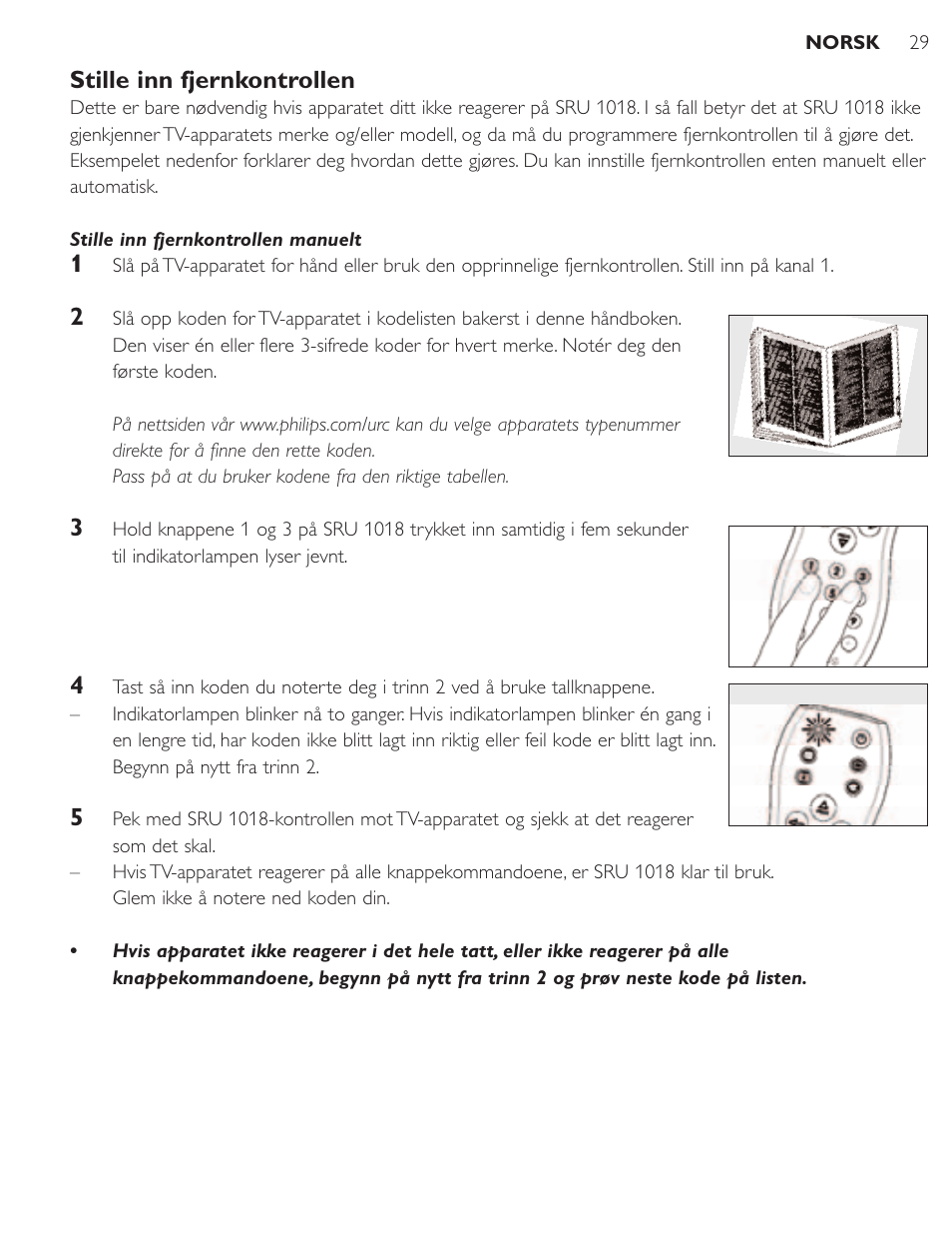 Stille inn fjernkontrollen | Philips SRU1018 User Manual | Page 29 / 72