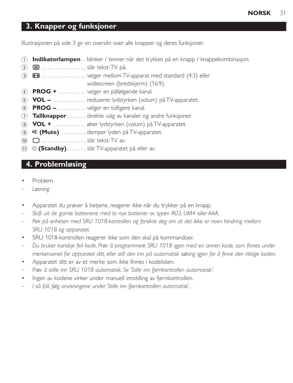 Knapper og funksjoner, Problemløsing | Philips SRU1018 User Manual | Page 31 / 72