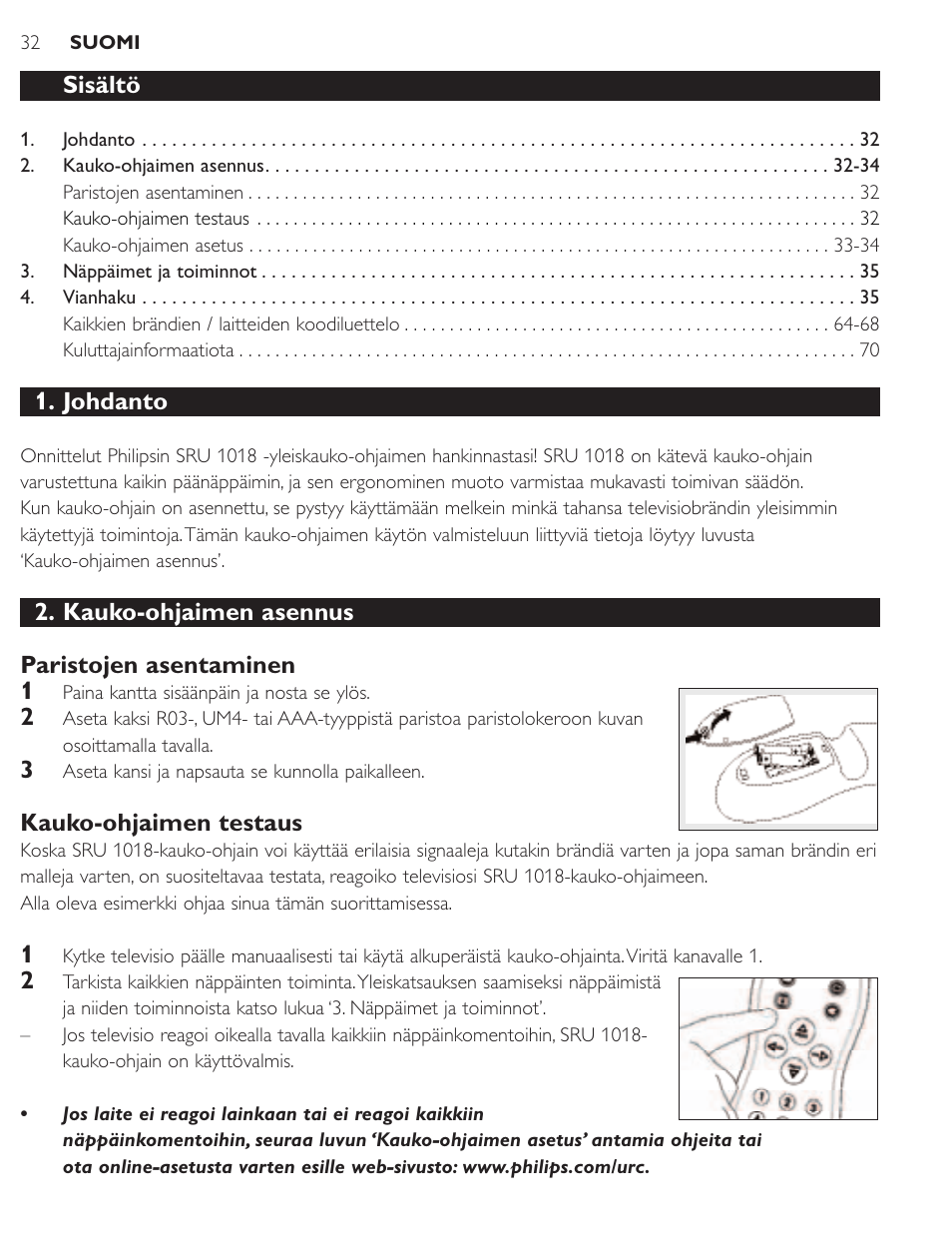 Sisältö, Johdanto, Kauko-ohjaimen asennus paristojen asentaminen 1 | Kauko-ohjaimen testaus | Philips SRU1018 User Manual | Page 32 / 72