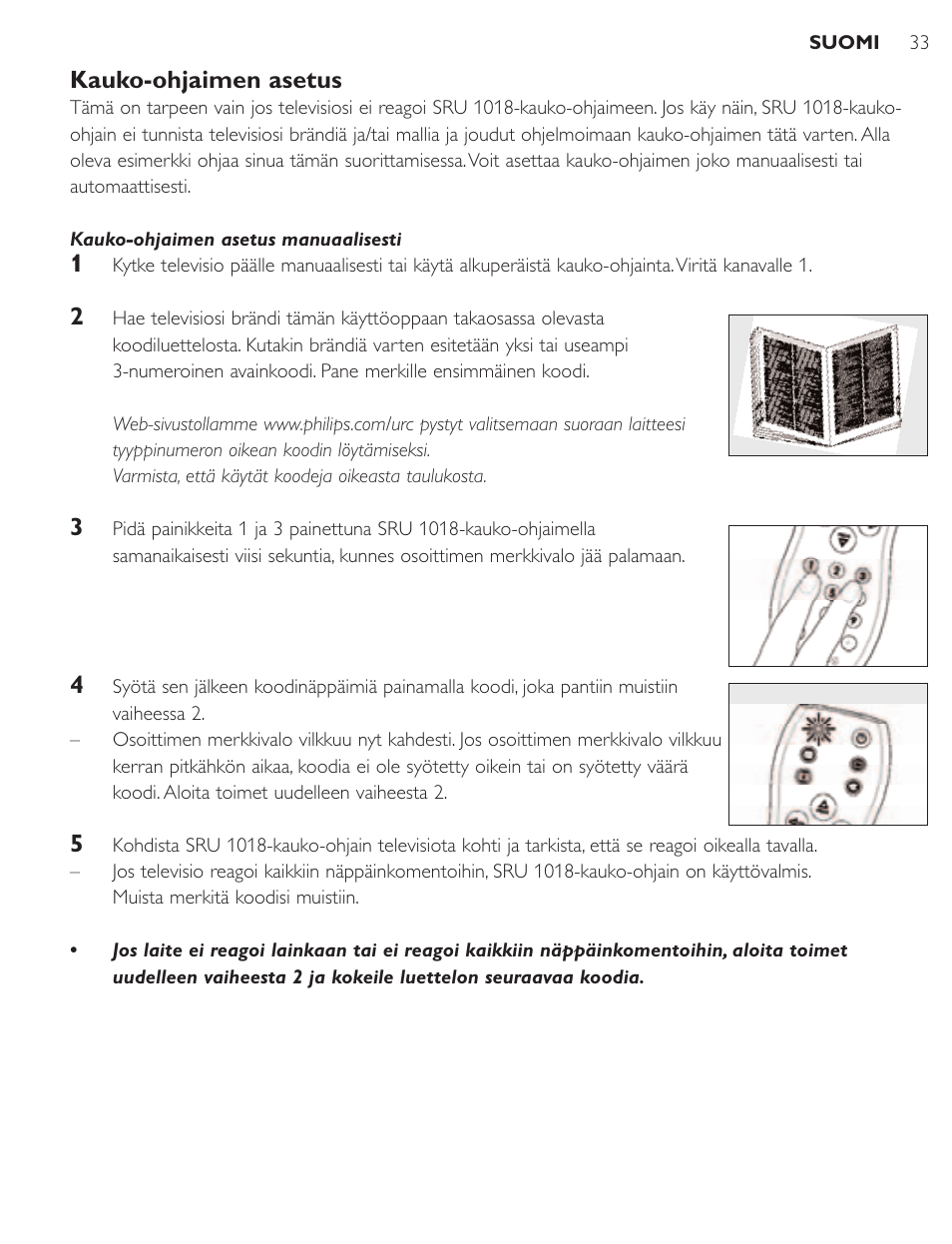 Kauko-ohjaimen asetus | Philips SRU1018 User Manual | Page 33 / 72