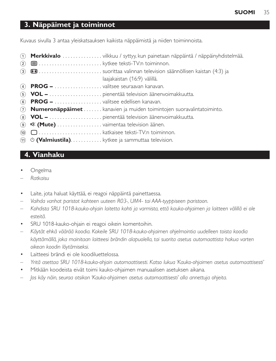 Näppäimet ja toiminnot, Vianhaku | Philips SRU1018 User Manual | Page 35 / 72