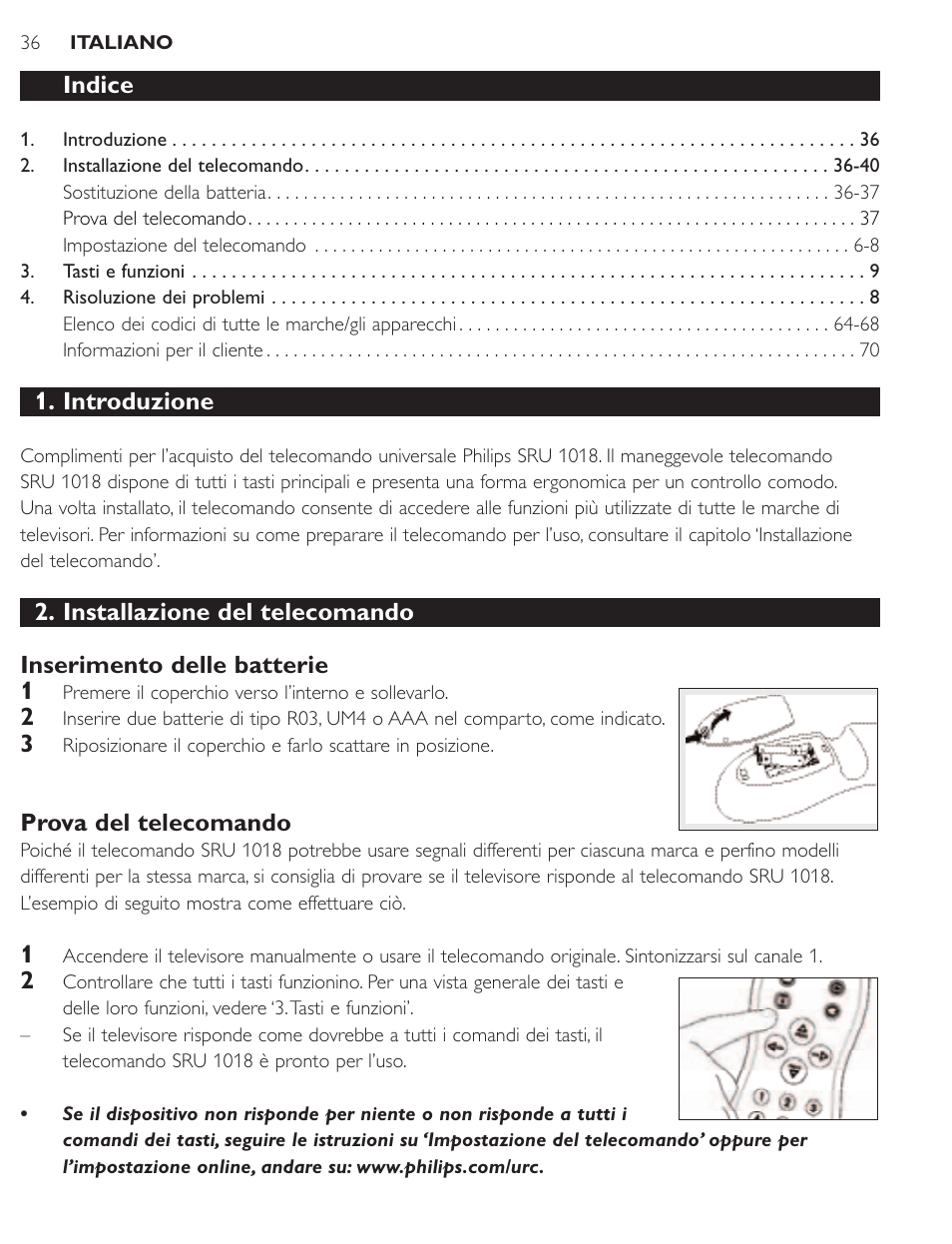 Indice, Introduzione, Prova del telecomando | Philips SRU1018 User Manual | Page 36 / 72
