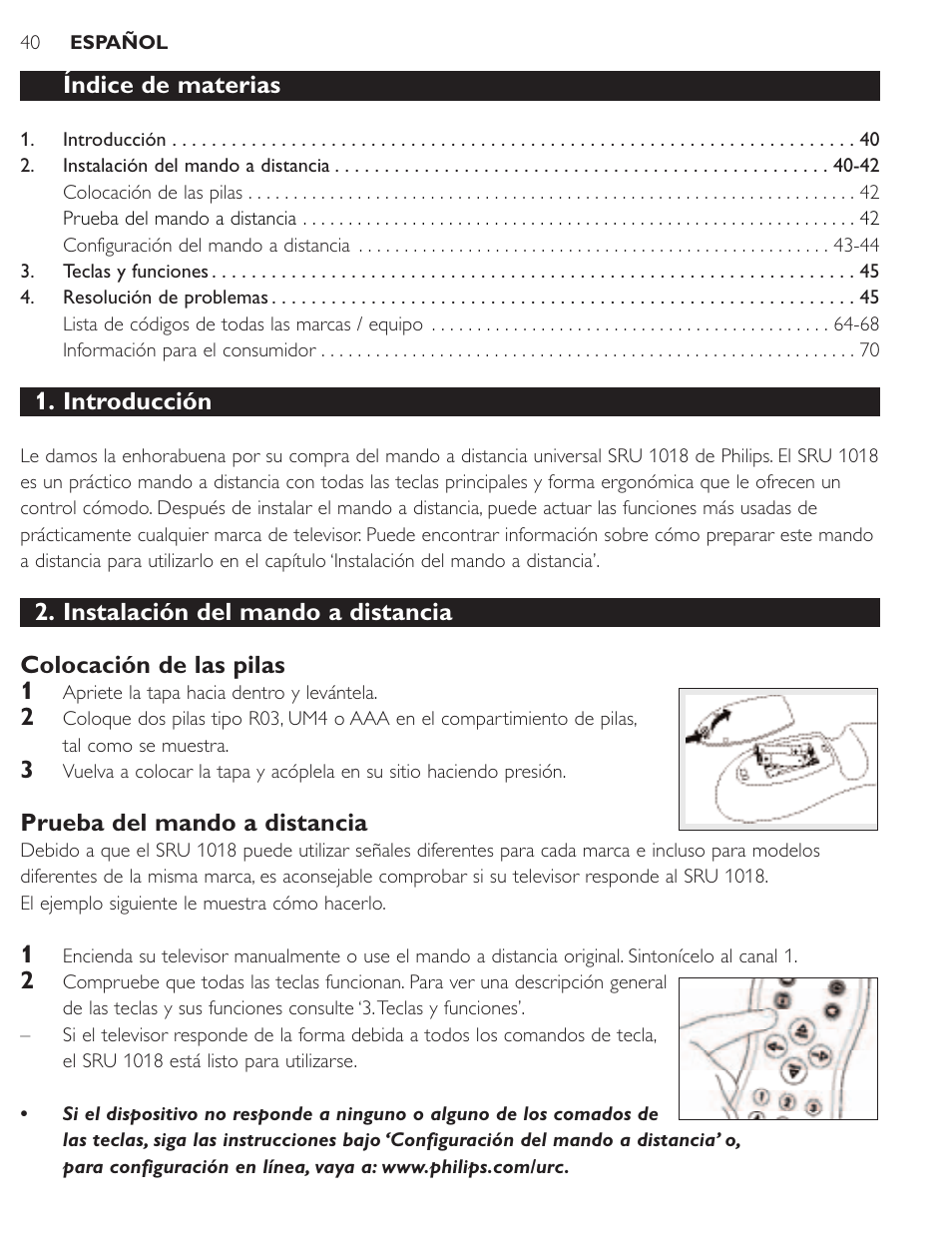 Índice de materias, Introducción, Prueba del mando a distancia | Philips SRU1018 User Manual | Page 40 / 72