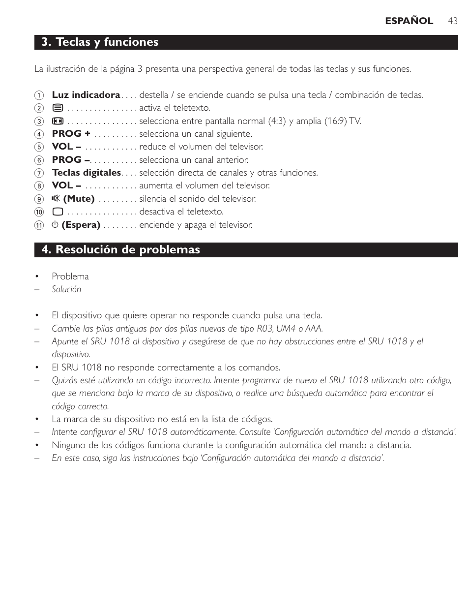 Teclas y funciones, Resolución de problemas | Philips SRU1018 User Manual | Page 43 / 72