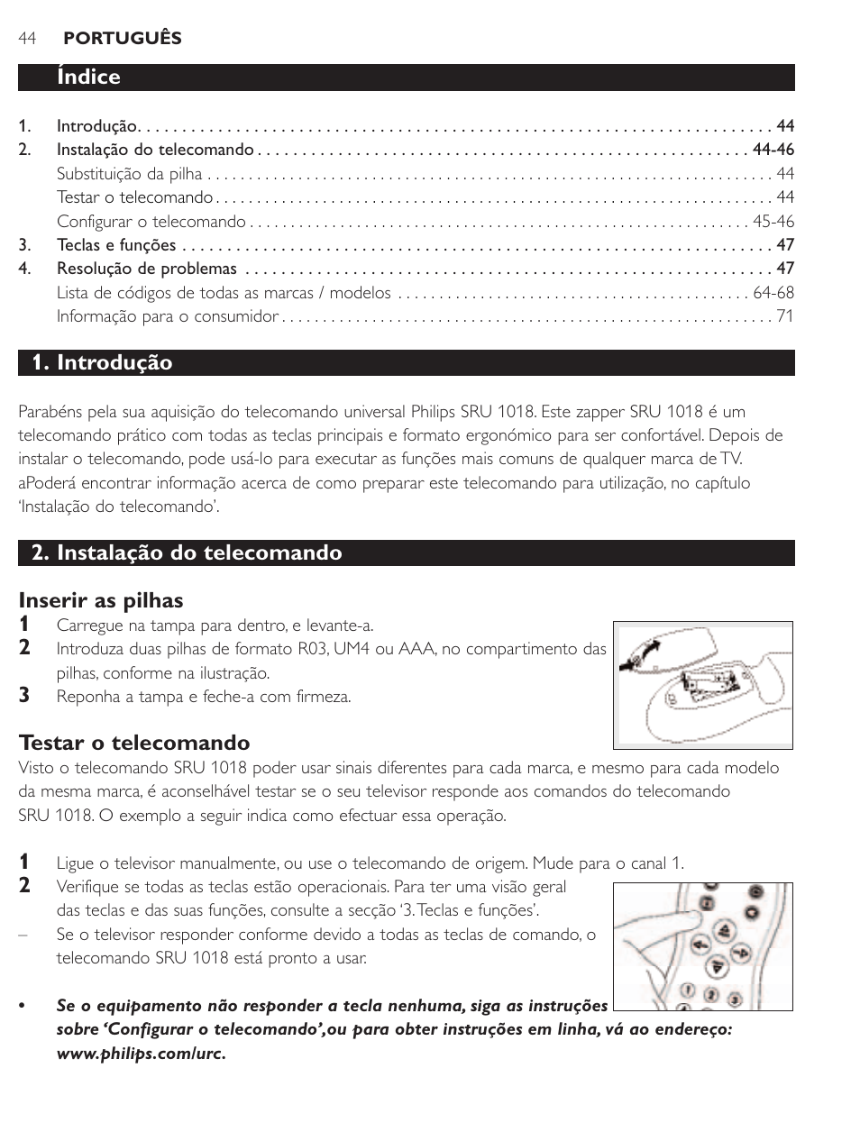 Índice, Introdução, Instalação do telecomando inserir as pilhas 1 | Testar o telecomando | Philips SRU1018 User Manual | Page 44 / 72
