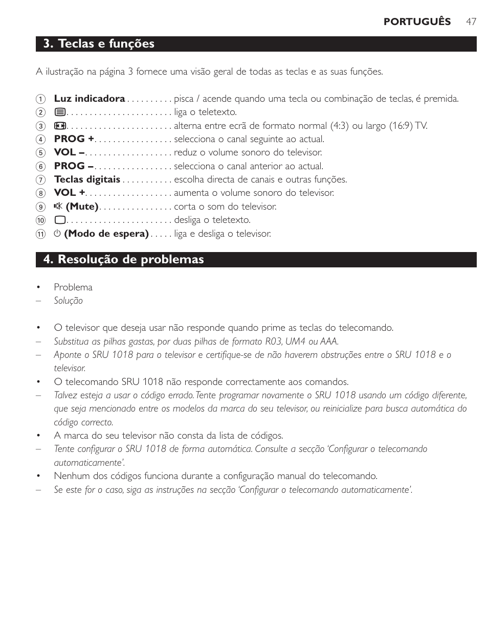 Teclas e funções, Resolução de problemas | Philips SRU1018 User Manual | Page 47 / 72