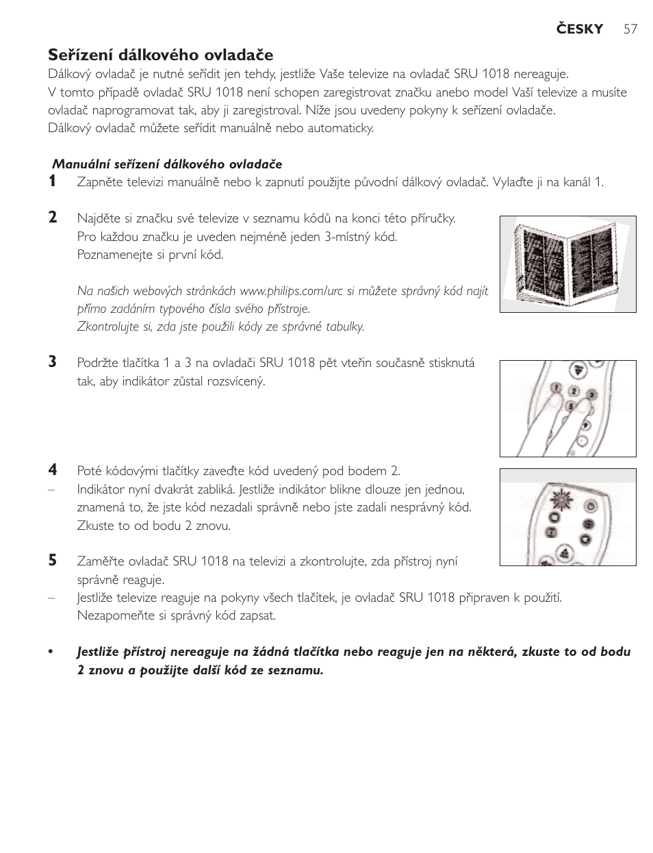 Seřízení dálkového ovladače | Philips SRU1018 User Manual | Page 57 / 72