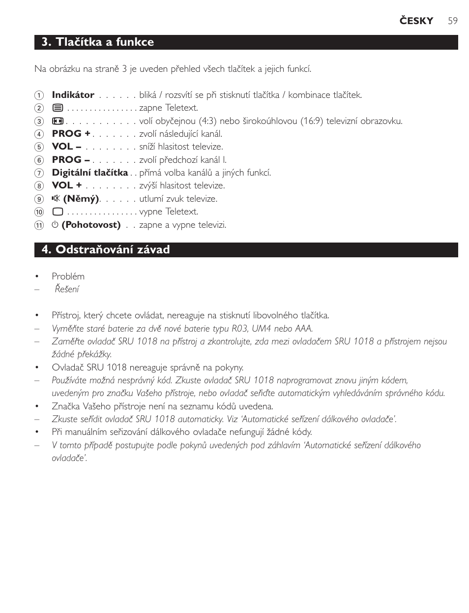 Tlačítka a funkce, Odstraňování závad | Philips SRU1018 User Manual | Page 59 / 72