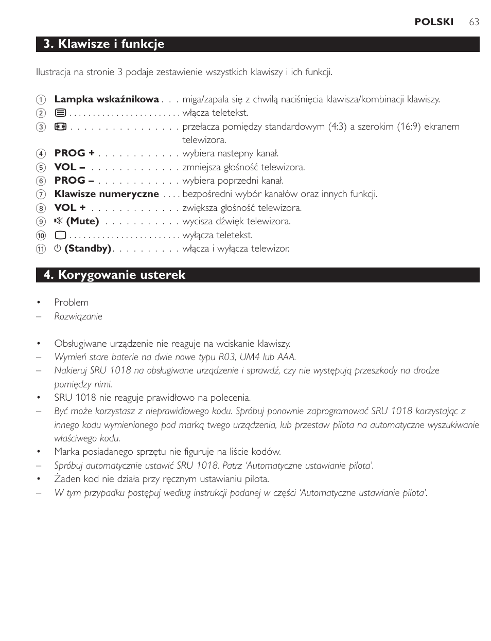 Klawisze i funkcje, Korygowanie usterek | Philips SRU1018 User Manual | Page 63 / 72