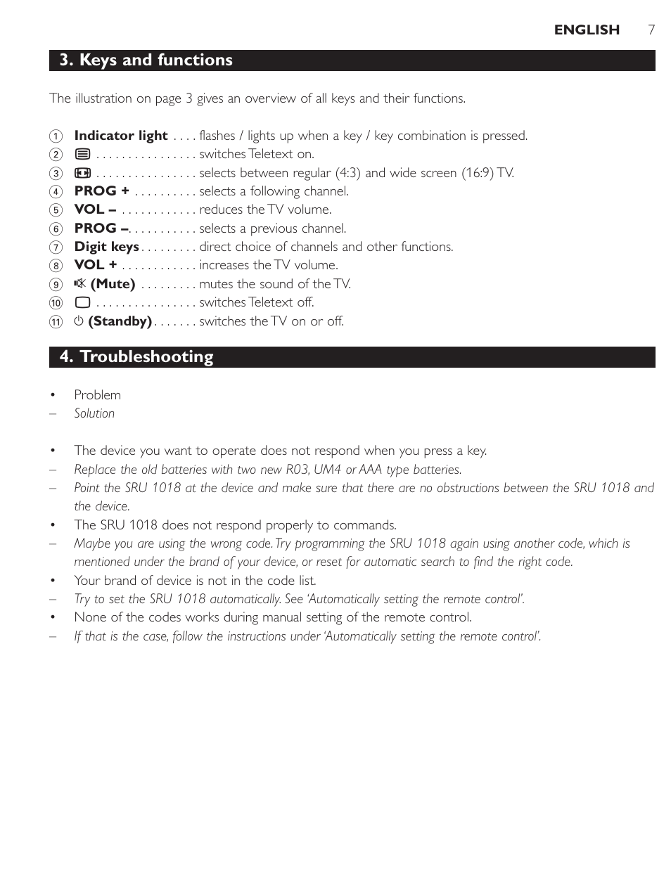 Keys and functions, Troubleshooting | Philips SRU1018 User Manual | Page 7 / 72