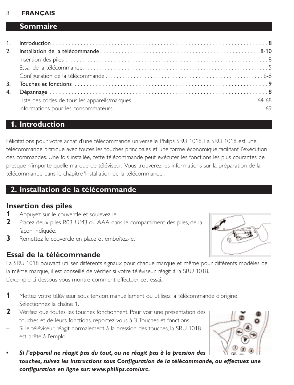 Sommaire, Introduction, Essai de la télécommande | Philips SRU1018 User Manual | Page 8 / 72