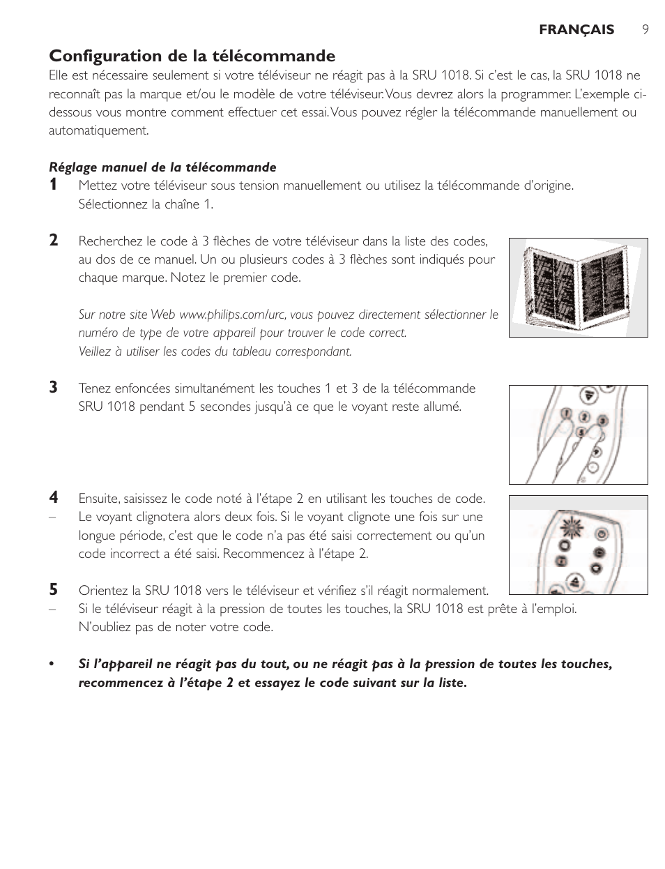 Configuration de la télécommande | Philips SRU1018 User Manual | Page 9 / 72