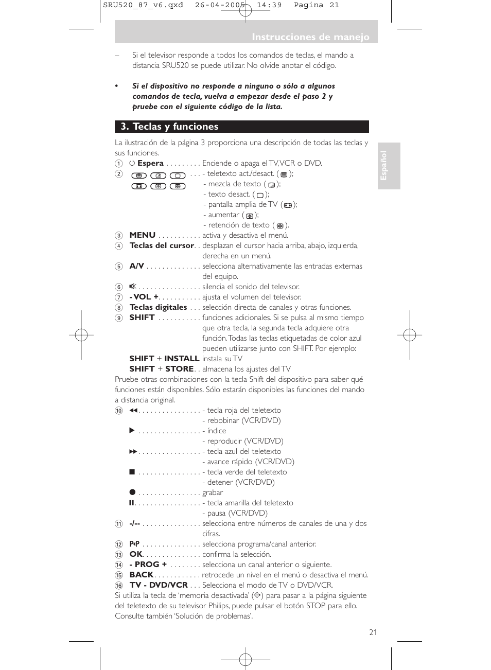 Instrucciones de manejo, Teclas y funciones | Philips SRU520 User Manual | Page 21 / 76