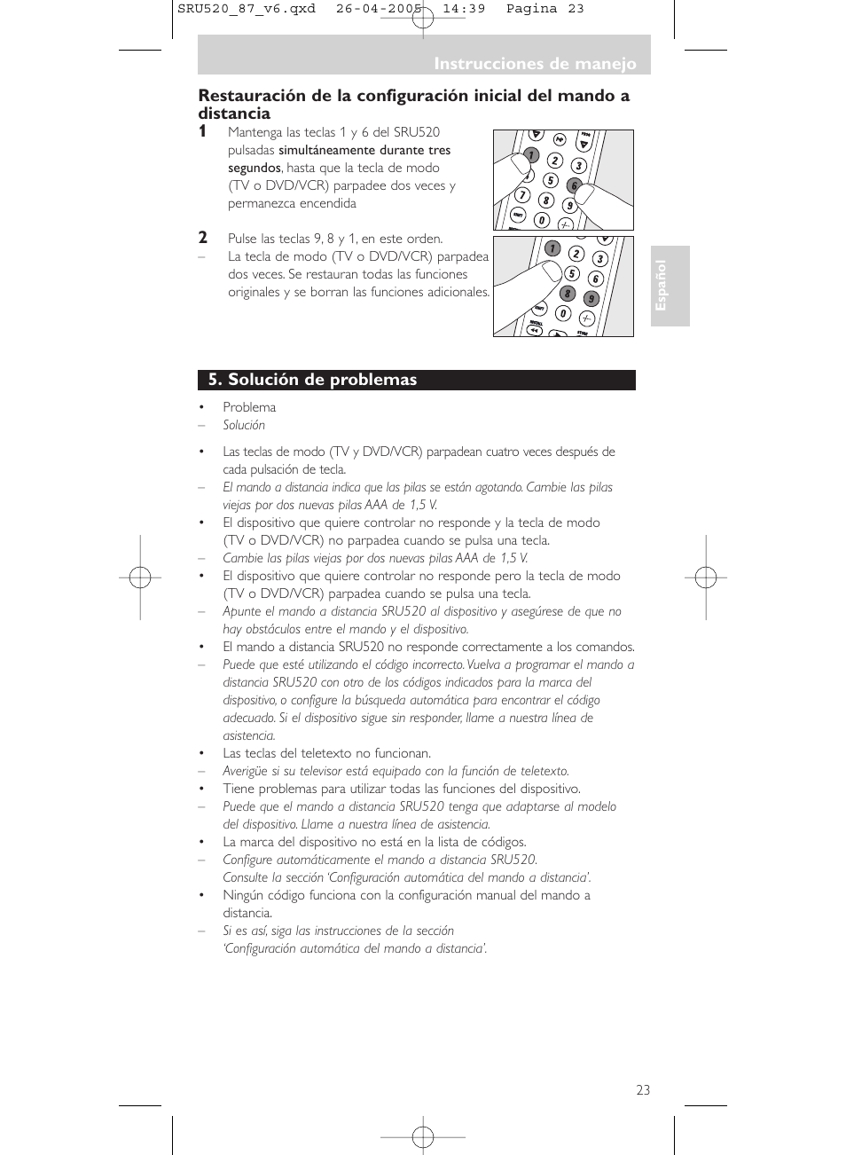 Instrucciones de manejo, Solución de problemas | Philips SRU520 User Manual | Page 23 / 76
