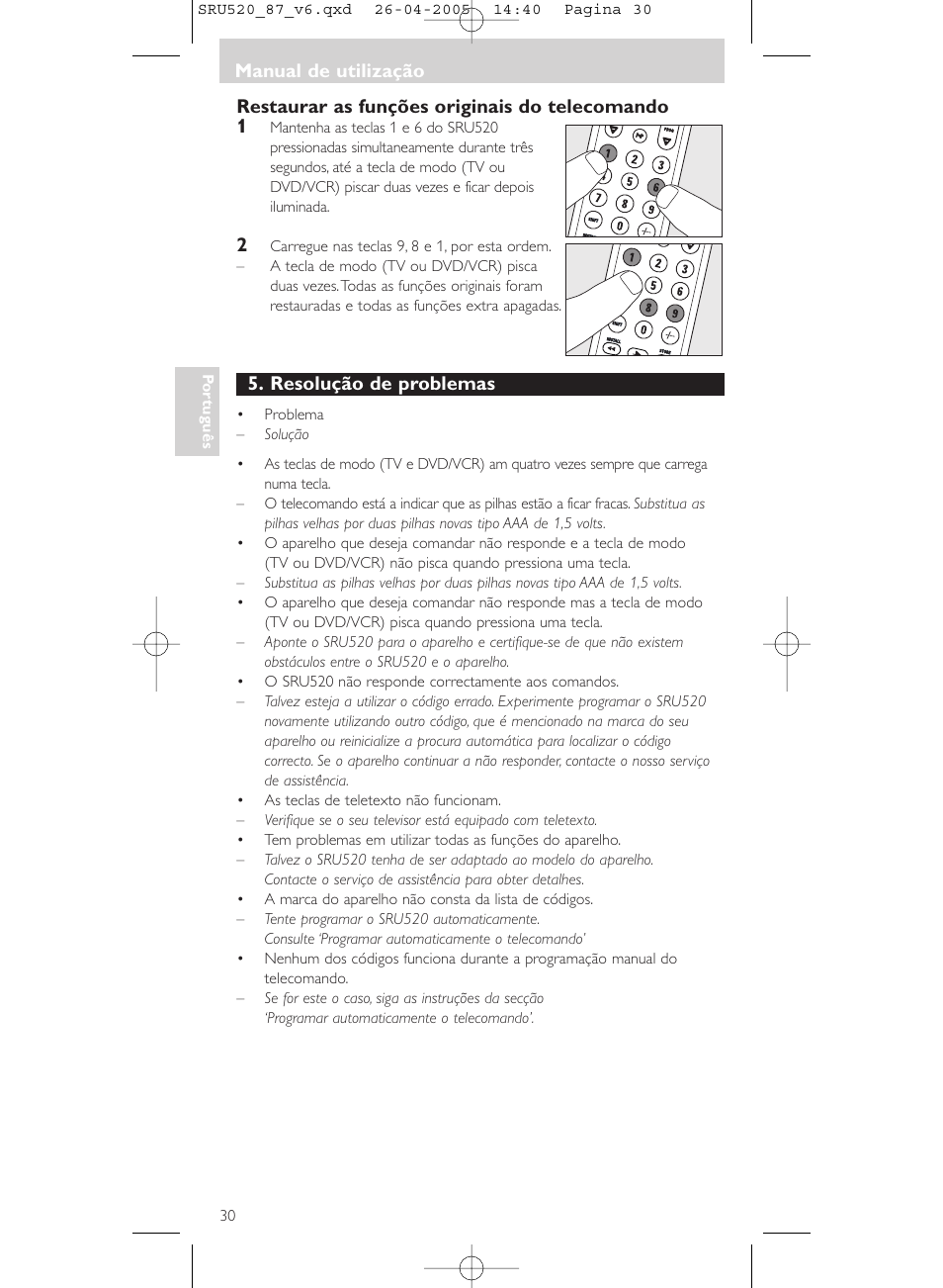 Manual de utilização, Resolução de problemas | Philips SRU520 User Manual | Page 30 / 76