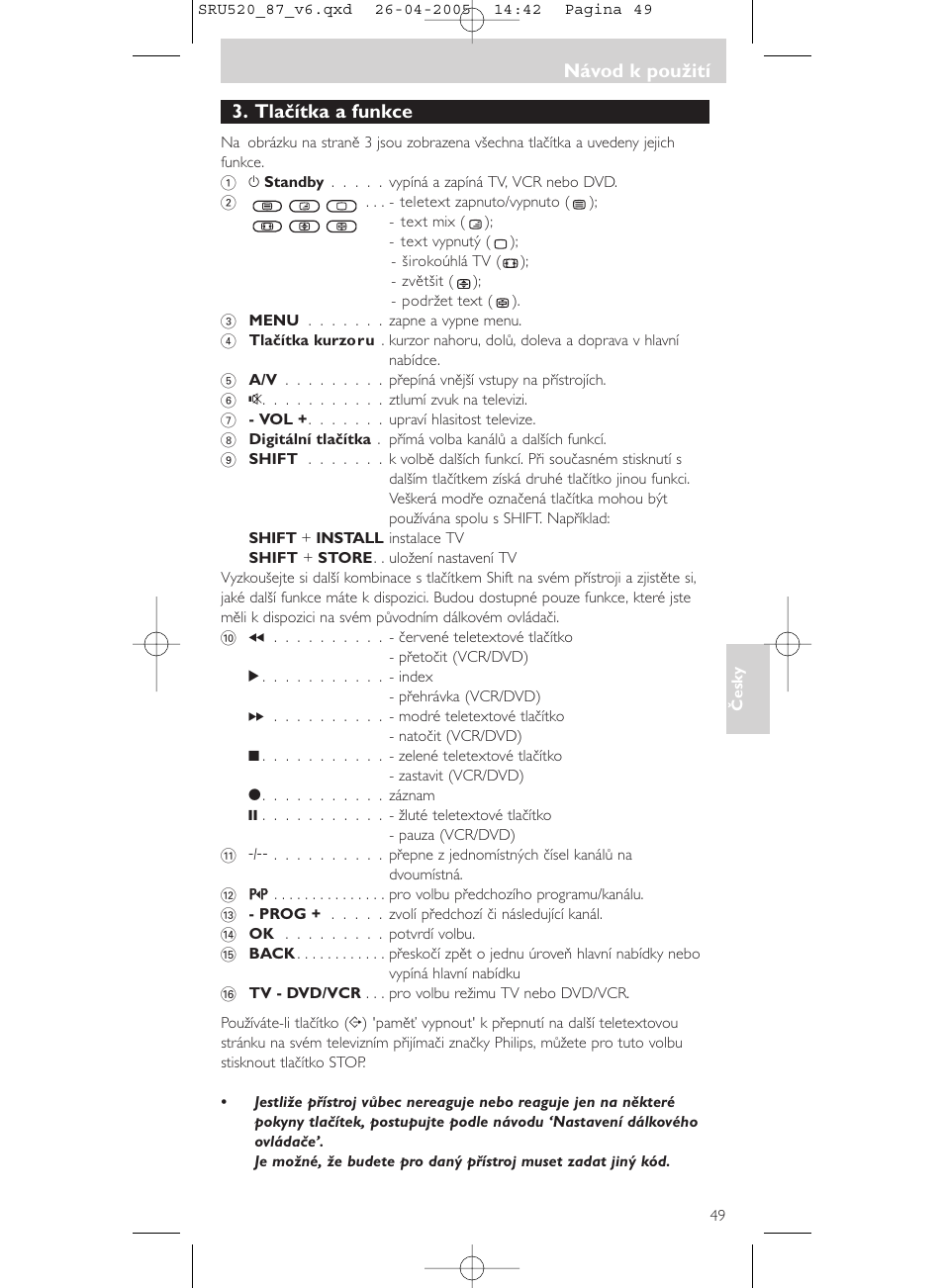 Návod k použití, Tlačítka a funkce | Philips SRU520 User Manual | Page 49 / 76