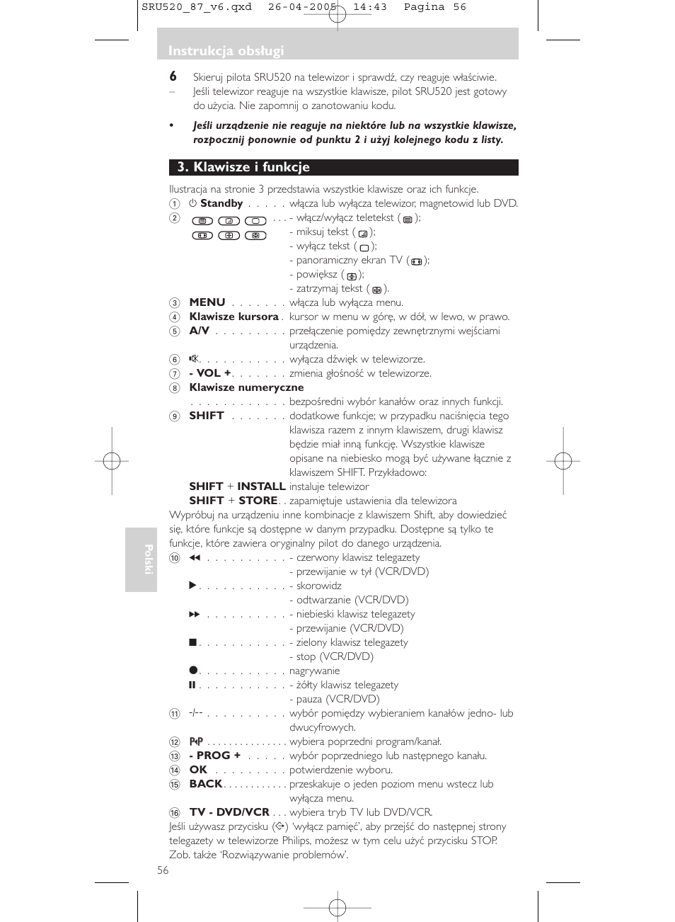 Instrukcja obsługi, Klawisze i funkcje | Philips SRU520 User Manual | Page 56 / 76