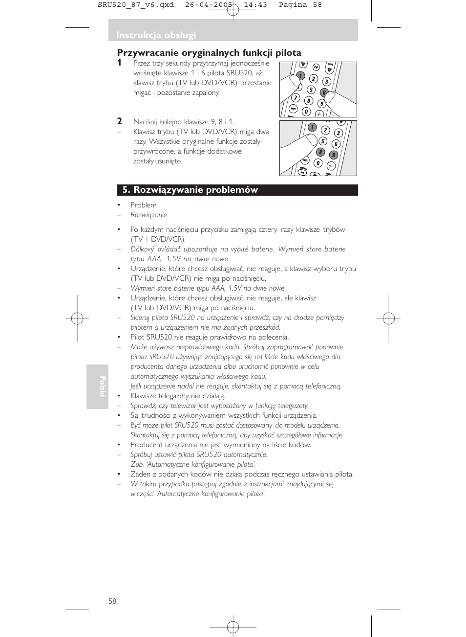 Instrukcja obsługi, Przywracanie oryginalnych funkcji pilota 1, Rozwiązywanie problemów | Philips SRU520 User Manual | Page 58 / 76