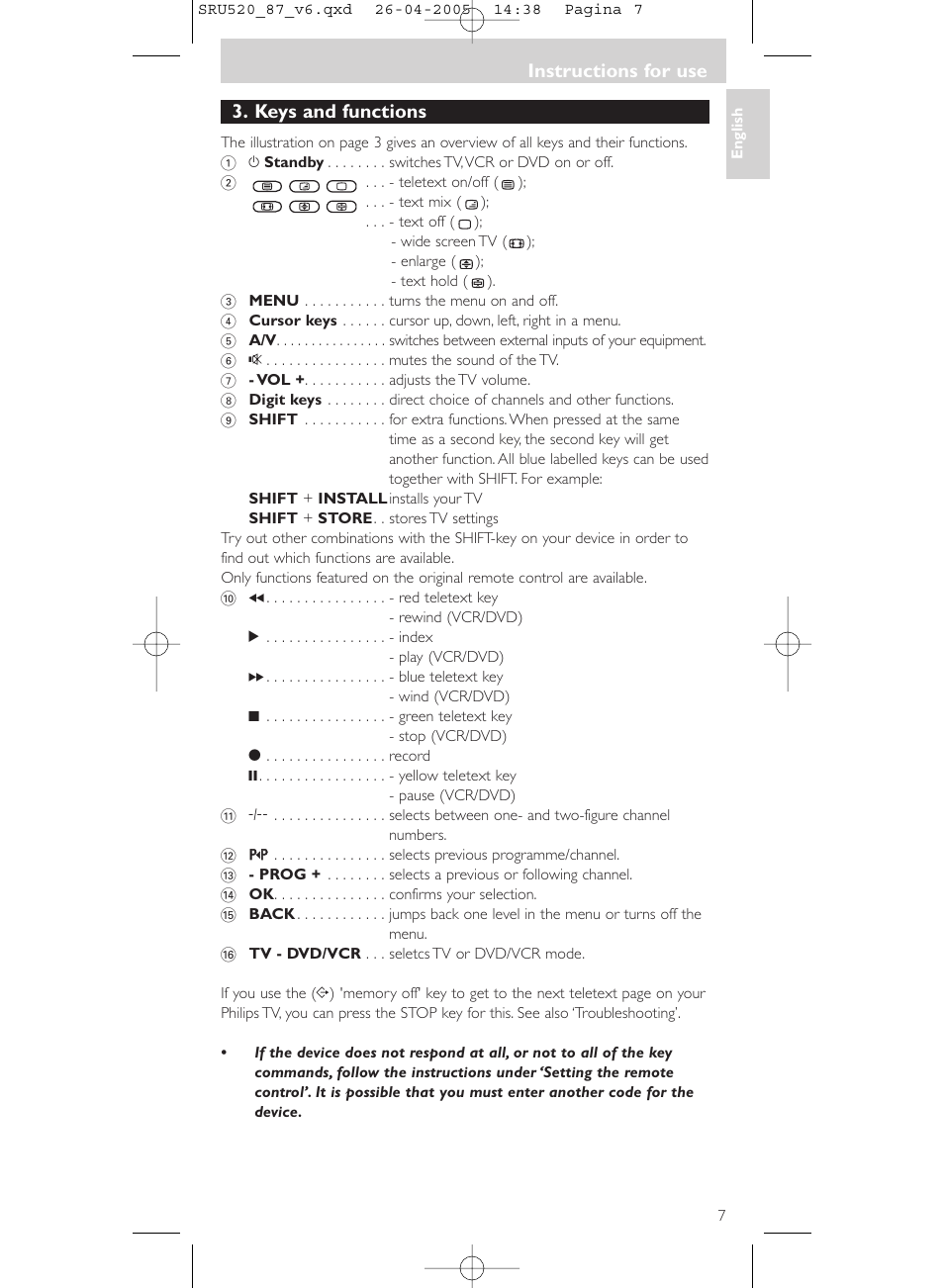 Keys and functions, Instructions for use | Philips SRU520 User Manual | Page 7 / 76