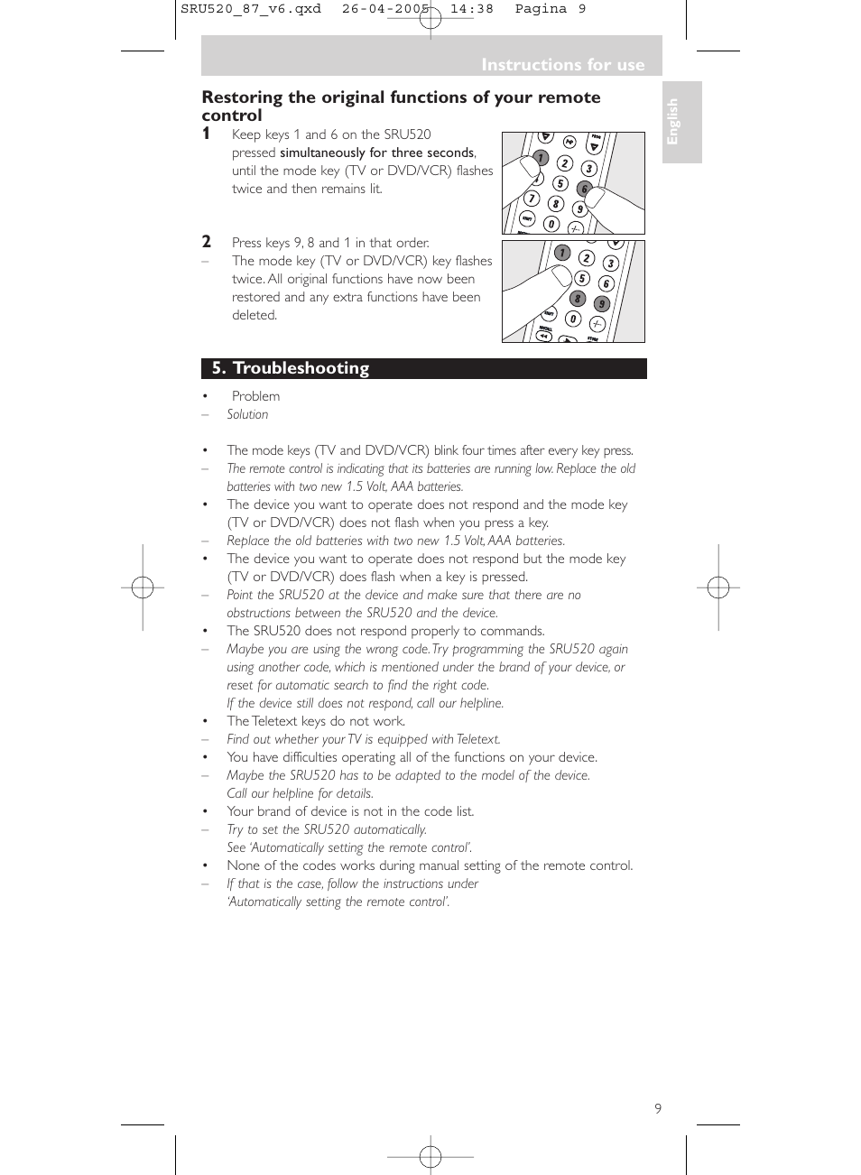 Troubleshooting, Instructions for use | Philips SRU520 User Manual | Page 9 / 76