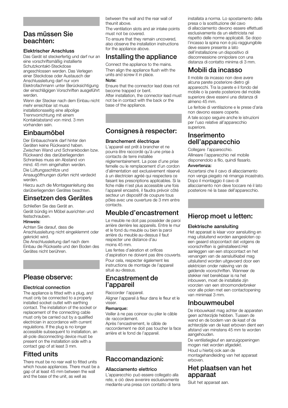 Das müssen sie beachten, Einbaumöbel, Einsetzen des gerätes | Please observe, Fitted units, Installing the appliance, Consignes à respecter, Meuble d'encastrement, Encastrement de l'appareil, Raccomandazioni | Bosch HSC140P51 Einbau-Wärmeschublade Edelstahl 141 mm hoch User Manual | Page 3 / 5