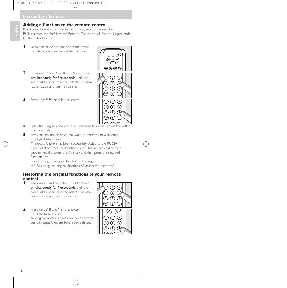 Adding a function to the remote control, Instructions for use | Philips SBCRU530 User Manual | Page 10 / 78