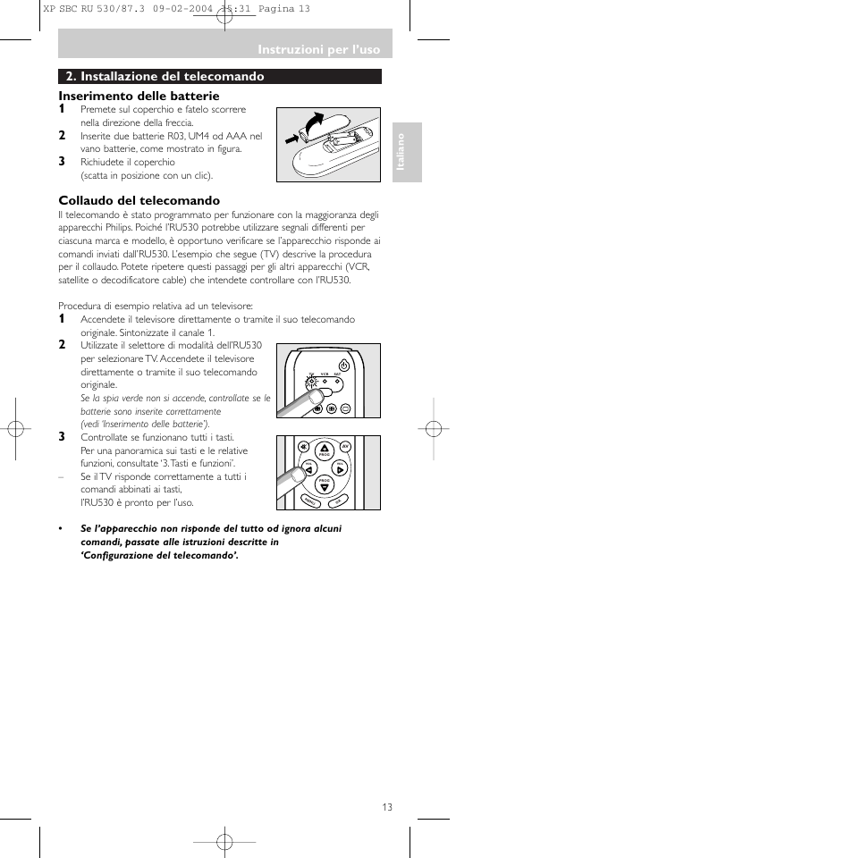 Collaudo del telecomando, Instruzioni per l’uso | Philips SBCRU530 User Manual | Page 13 / 78