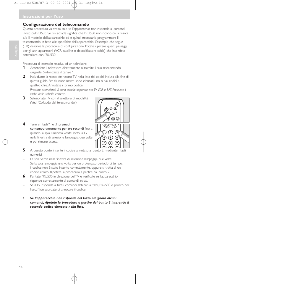 Configurazione del telecomando, Instruzioni per l’uso | Philips SBCRU530 User Manual | Page 14 / 78