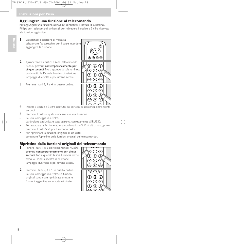 Aggiungere una funzione al telecomando, Instruzioni per l’uso | Philips SBCRU530 User Manual | Page 18 / 78