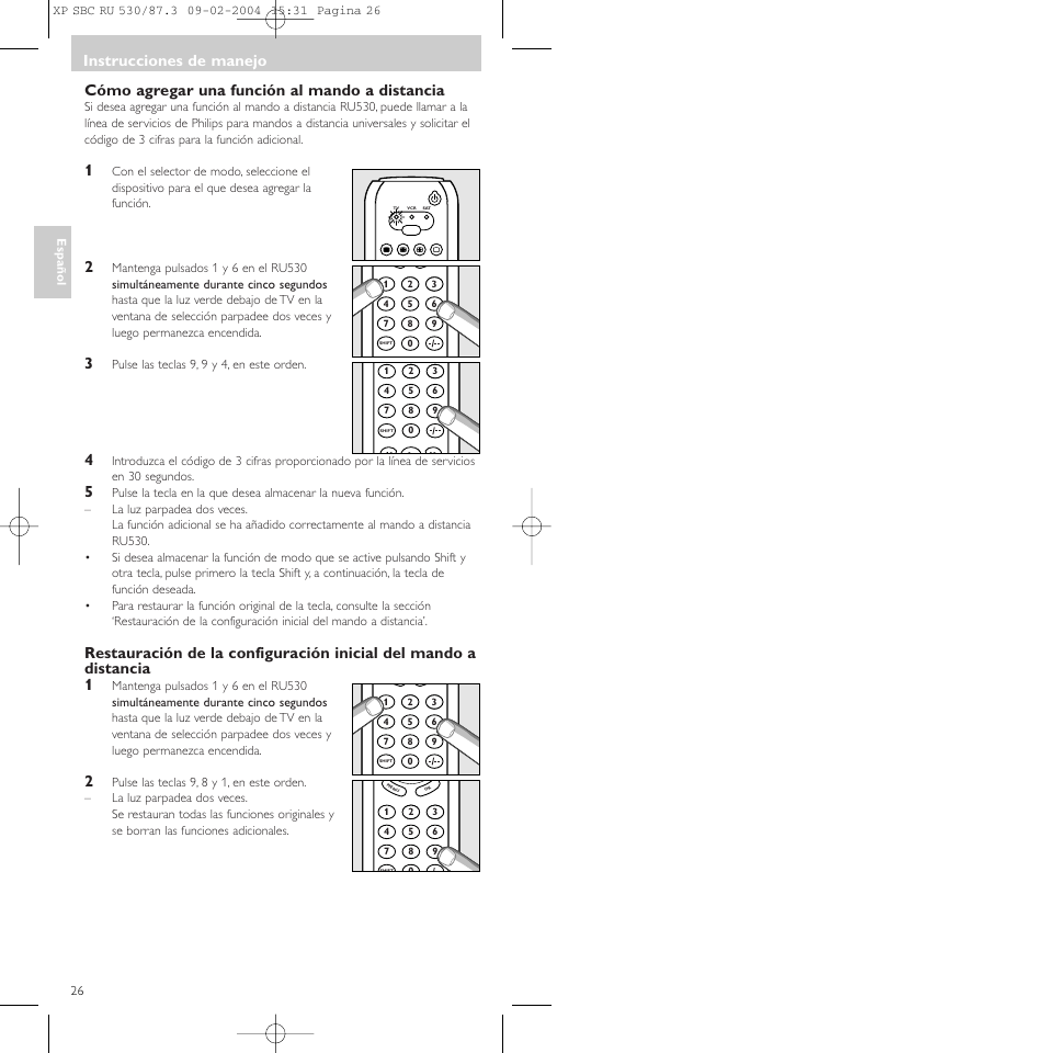 Cómo agregar una función al mando a distancia, Instrucciones de manejo | Philips SBCRU530 User Manual | Page 26 / 78