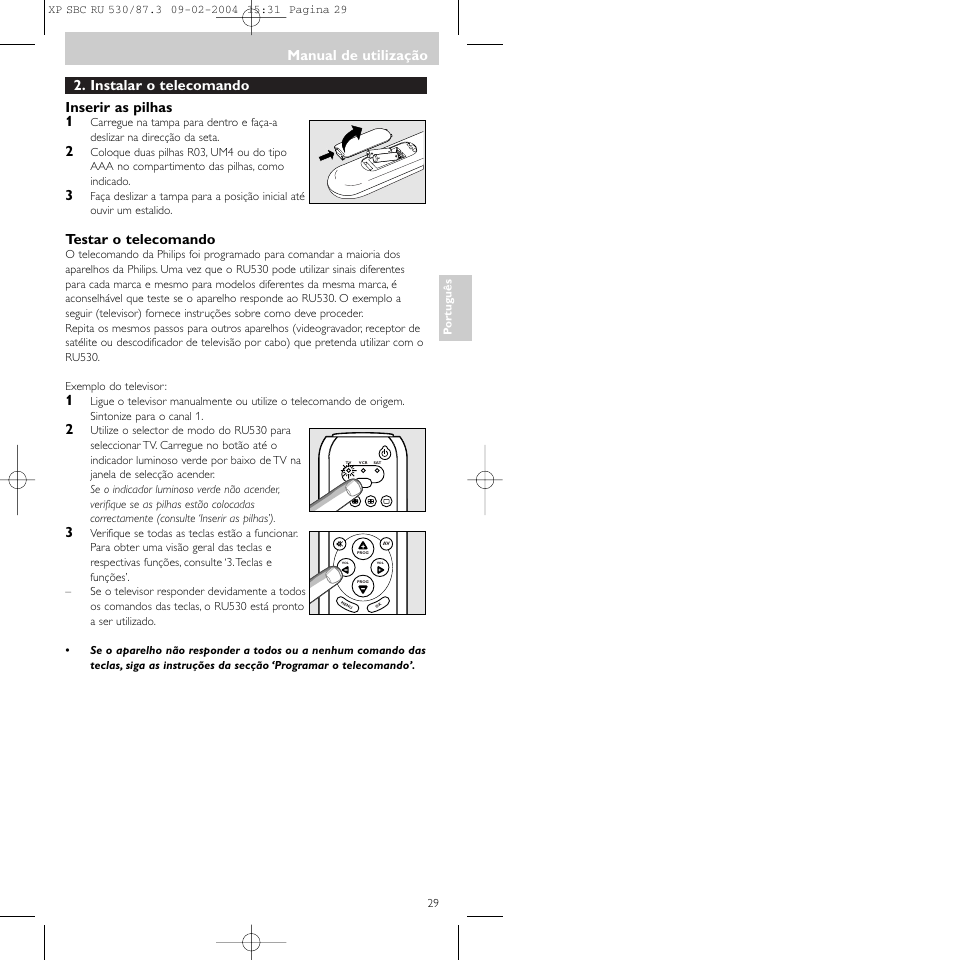 Instalar o telecomando inserir as pilhas 1, Testar o telecomando, Manual de utilização | Philips SBCRU530 User Manual | Page 29 / 78
