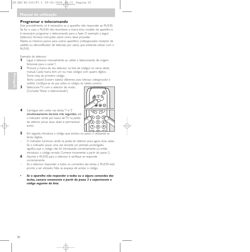 Programar o telecomando, Manual de utilização | Philips SBCRU530 User Manual | Page 30 / 78