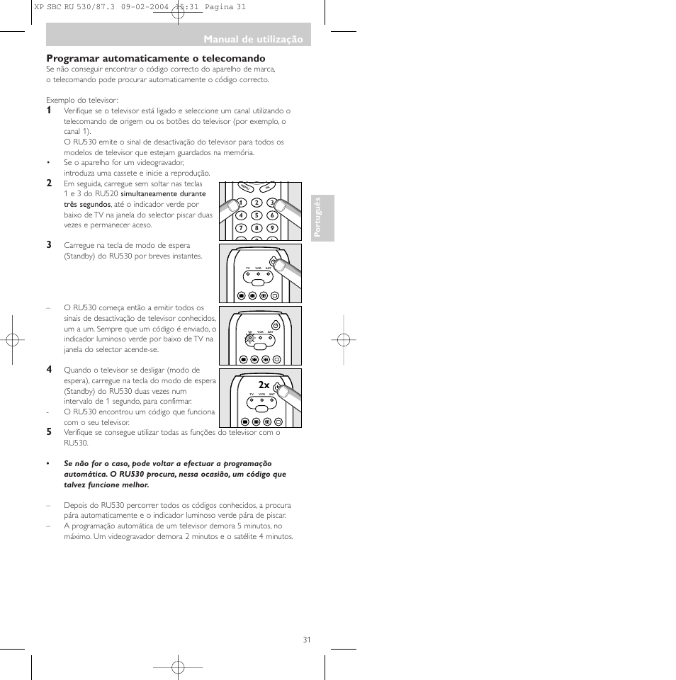 Programar automaticamente o telecomando, Manual de utilização | Philips SBCRU530 User Manual | Page 31 / 78