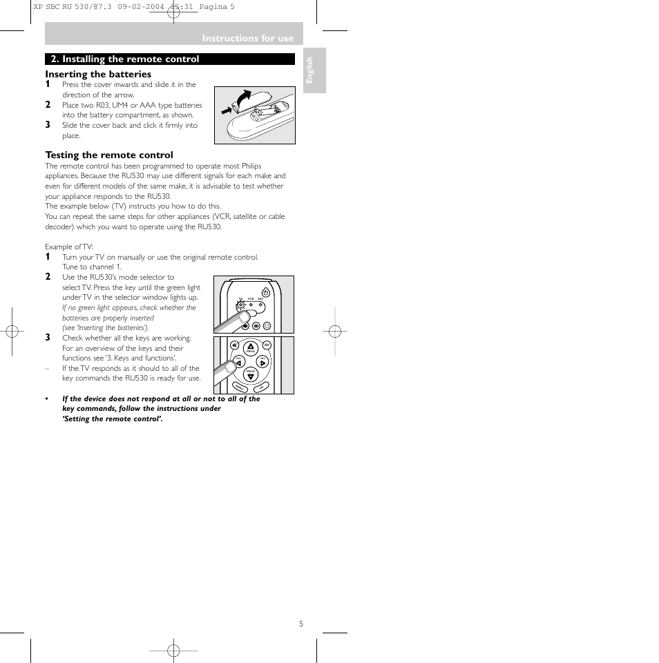 Instructions for use, Testing the remote control | Philips SBCRU530 User Manual | Page 5 / 78