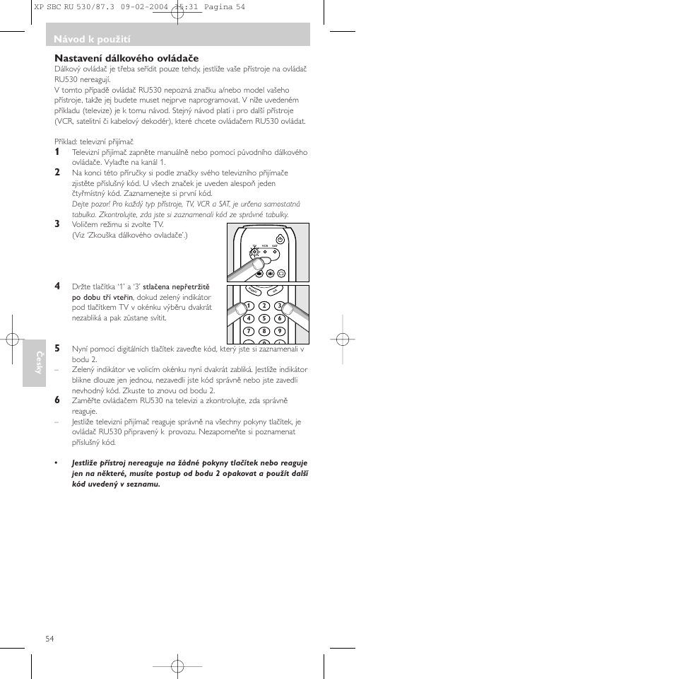 Nastavení dálkového ovládače, Návod k použití | Philips SBCRU530 User Manual | Page 54 / 78