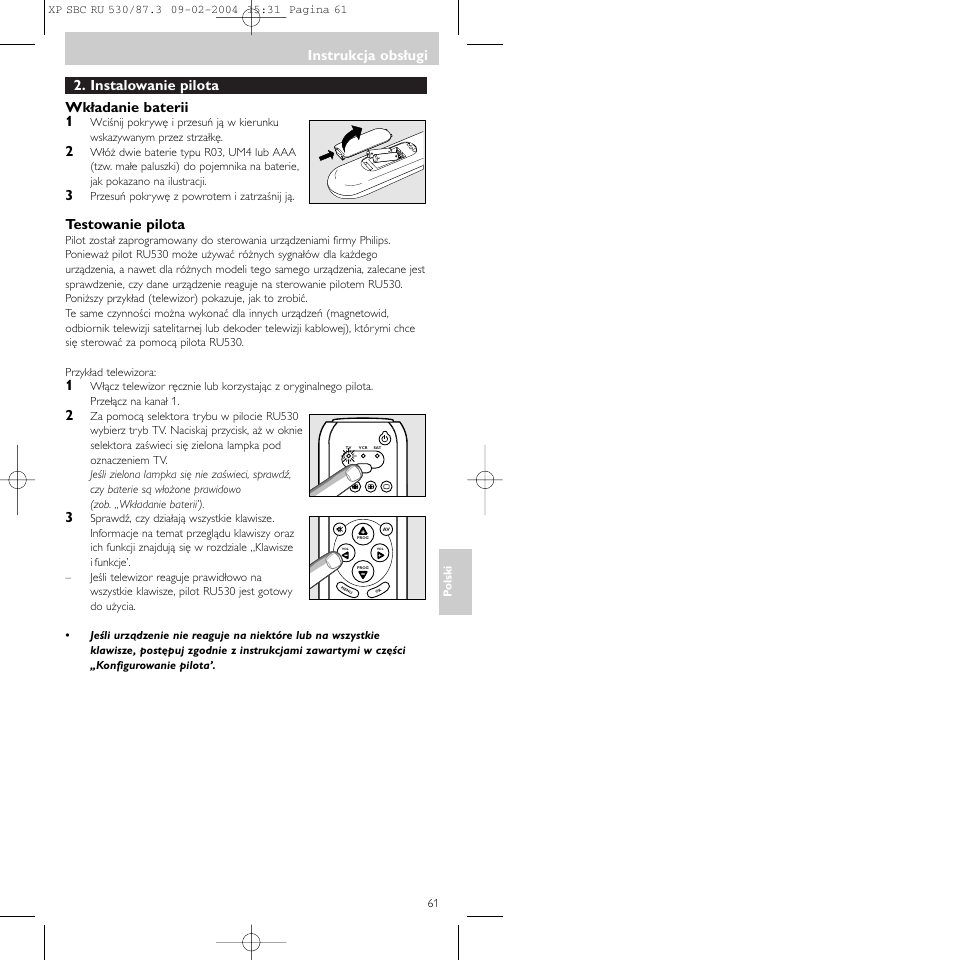Instalowanie pilota wkładanie baterii 1, Testowanie pilota, Instrukcja obsługi | Philips SBCRU530 User Manual | Page 61 / 78