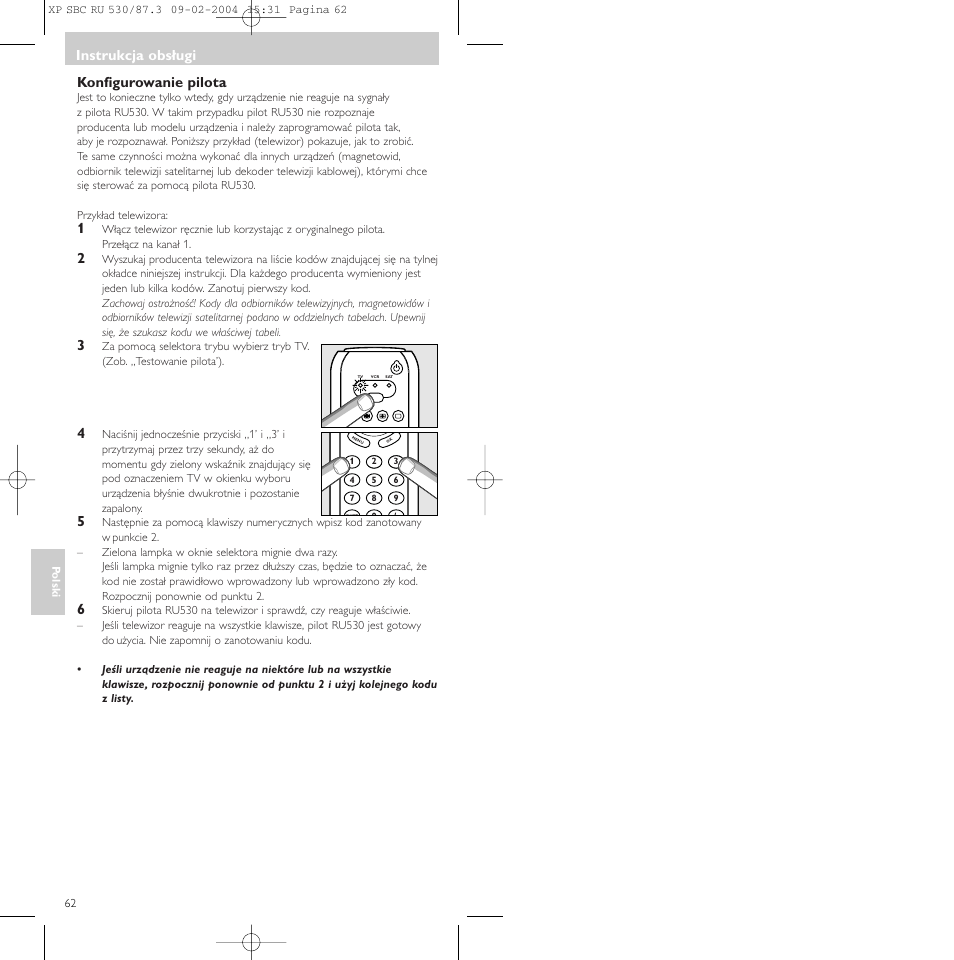 Konfigurowanie pilota, Instrukcja obsługi | Philips SBCRU530 User Manual | Page 62 / 78