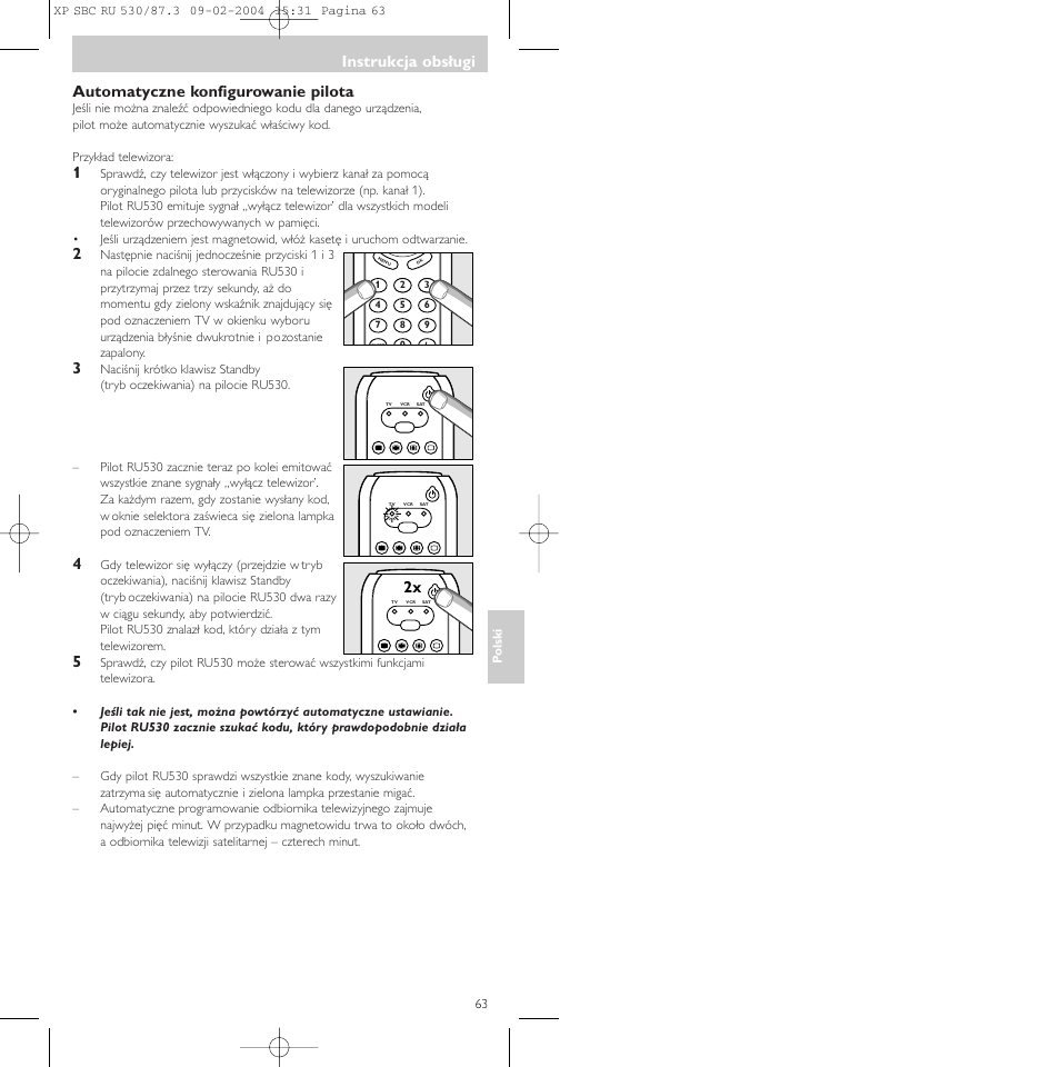 Automatyczne konfigurowanie pilota, Instrukcja obsługi | Philips SBCRU530 User Manual | Page 63 / 78