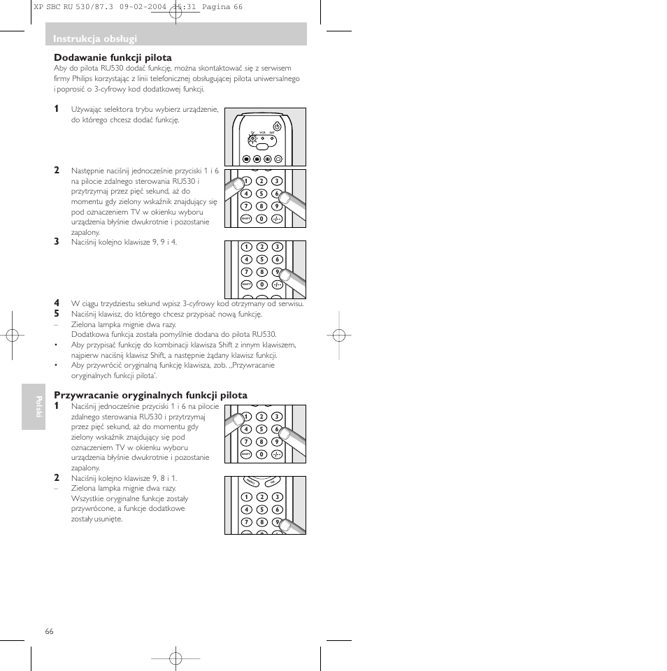 Dodawanie funkcji pilota, Przywracanie oryginalnych funkcji pilota 1, Instrukcja obsługi | Philips SBCRU530 User Manual | Page 66 / 78