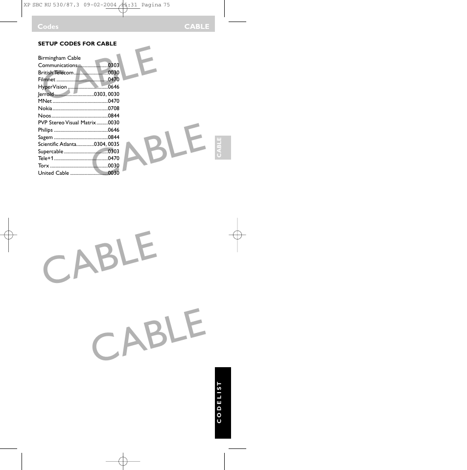 Cable | Philips SBCRU530 User Manual | Page 75 / 78