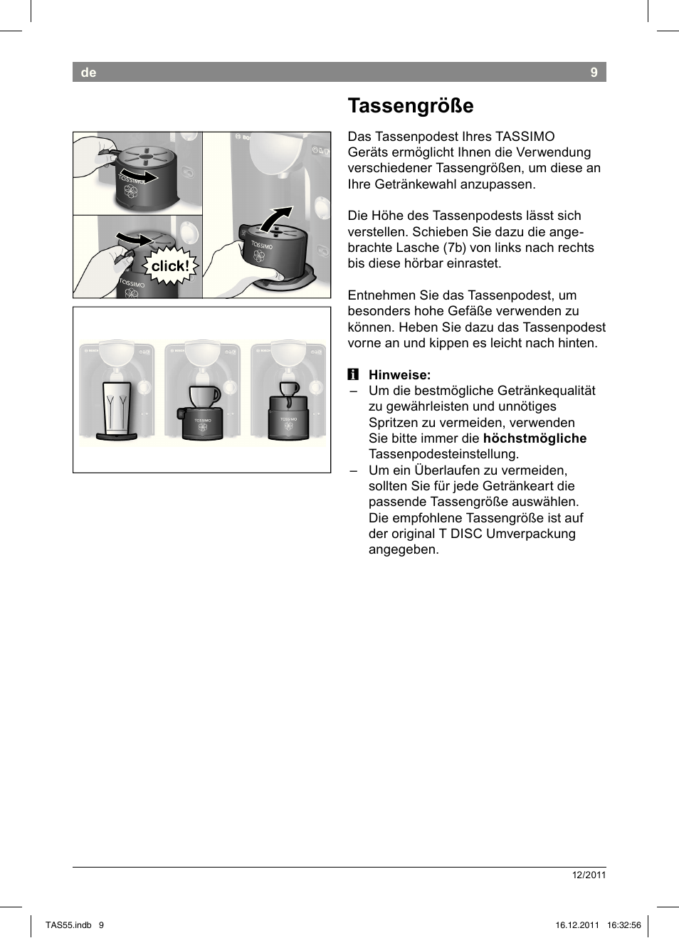 Tassengröße | Bosch TASSIMO Multi-Getränke-Automat T55 TAS5544 linen white weiß User Manual | Page 11 / 190