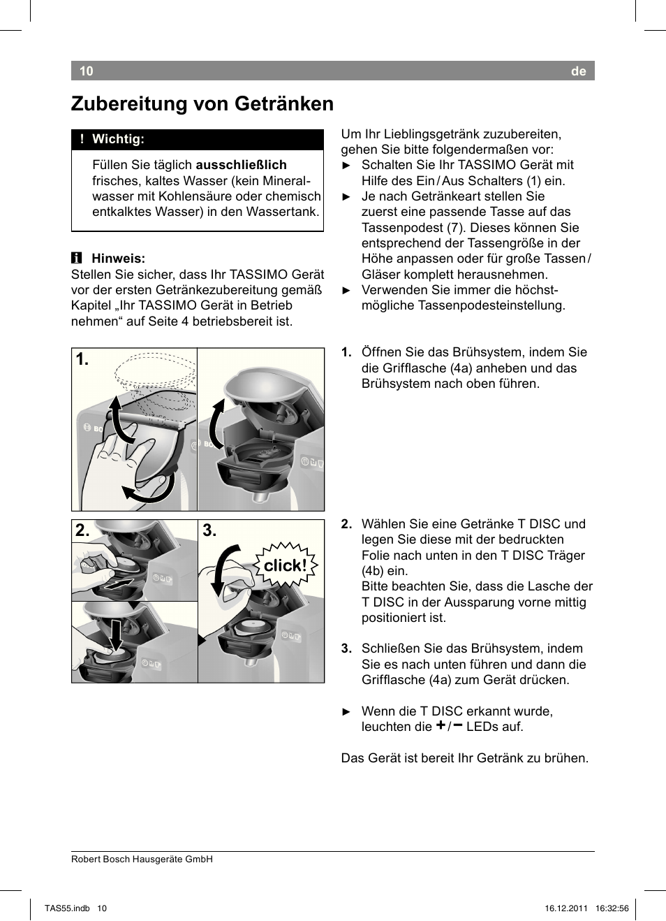Zubereitung!von!getränken | Bosch TASSIMO Multi-Getränke-Automat T55 TAS5544 linen white weiß User Manual | Page 12 / 190