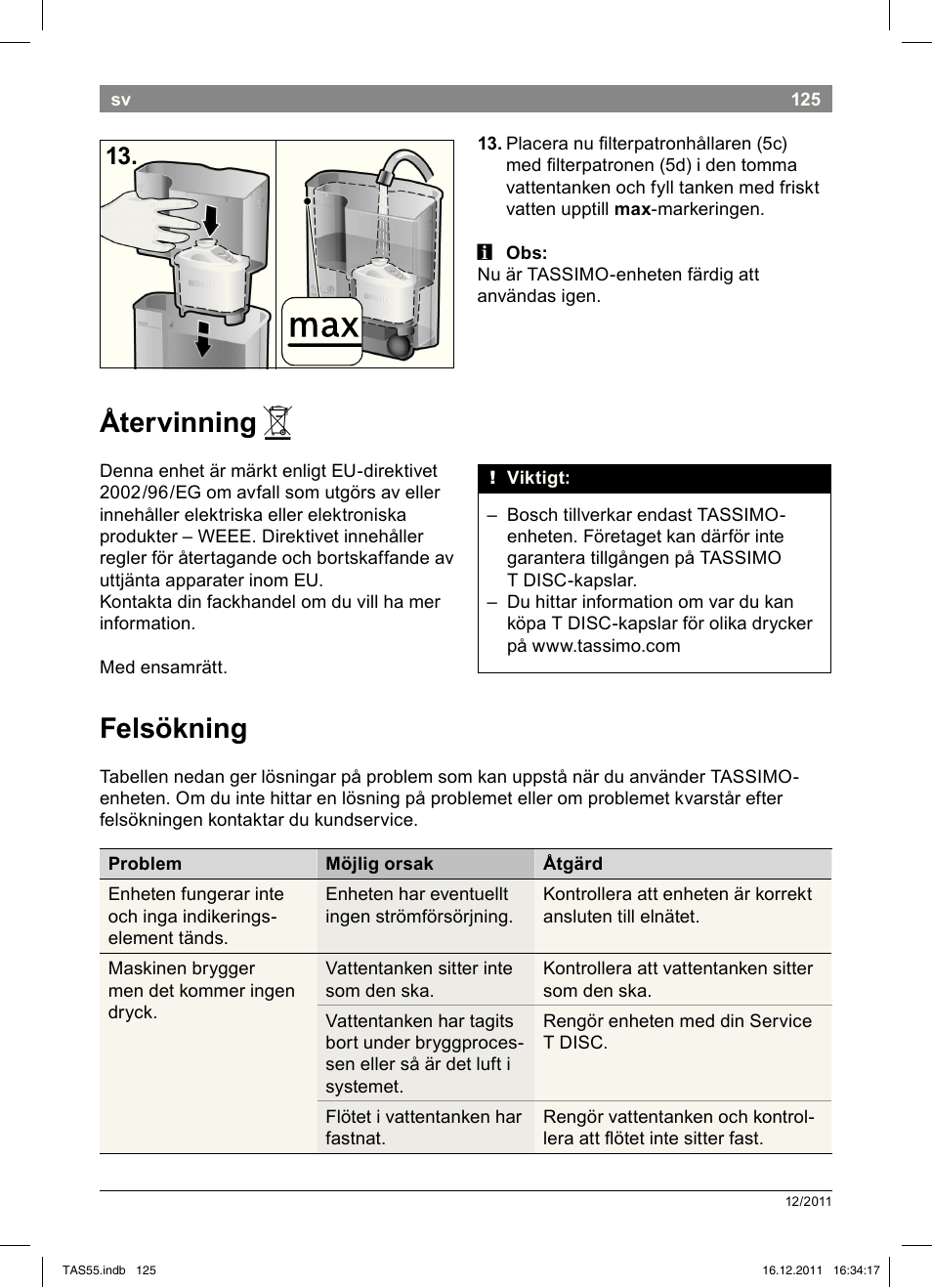 Återvinning, Felsökning | Bosch TASSIMO Multi-Getränke-Automat T55 TAS5544 linen white weiß User Manual | Page 127 / 190