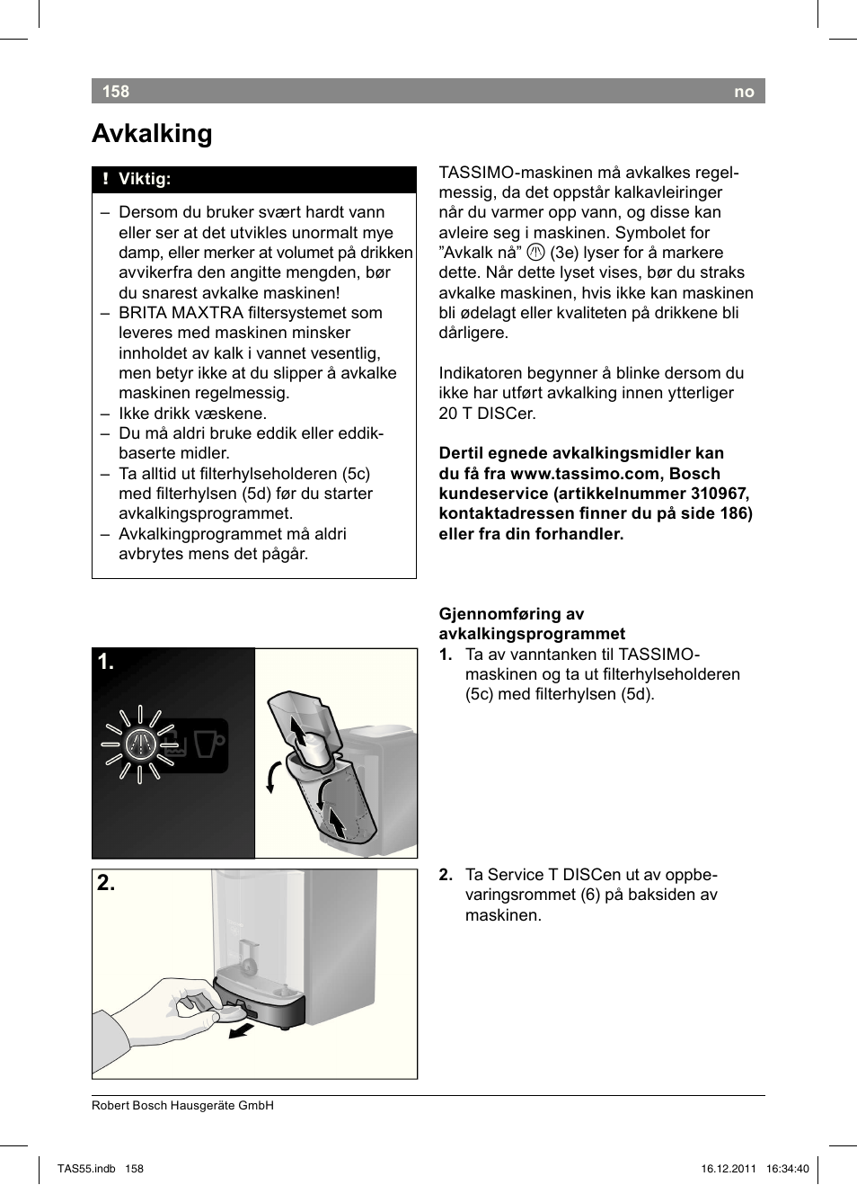 Avkalking | Bosch TASSIMO Multi-Getränke-Automat T55 TAS5544 linen white weiß User Manual | Page 160 / 190