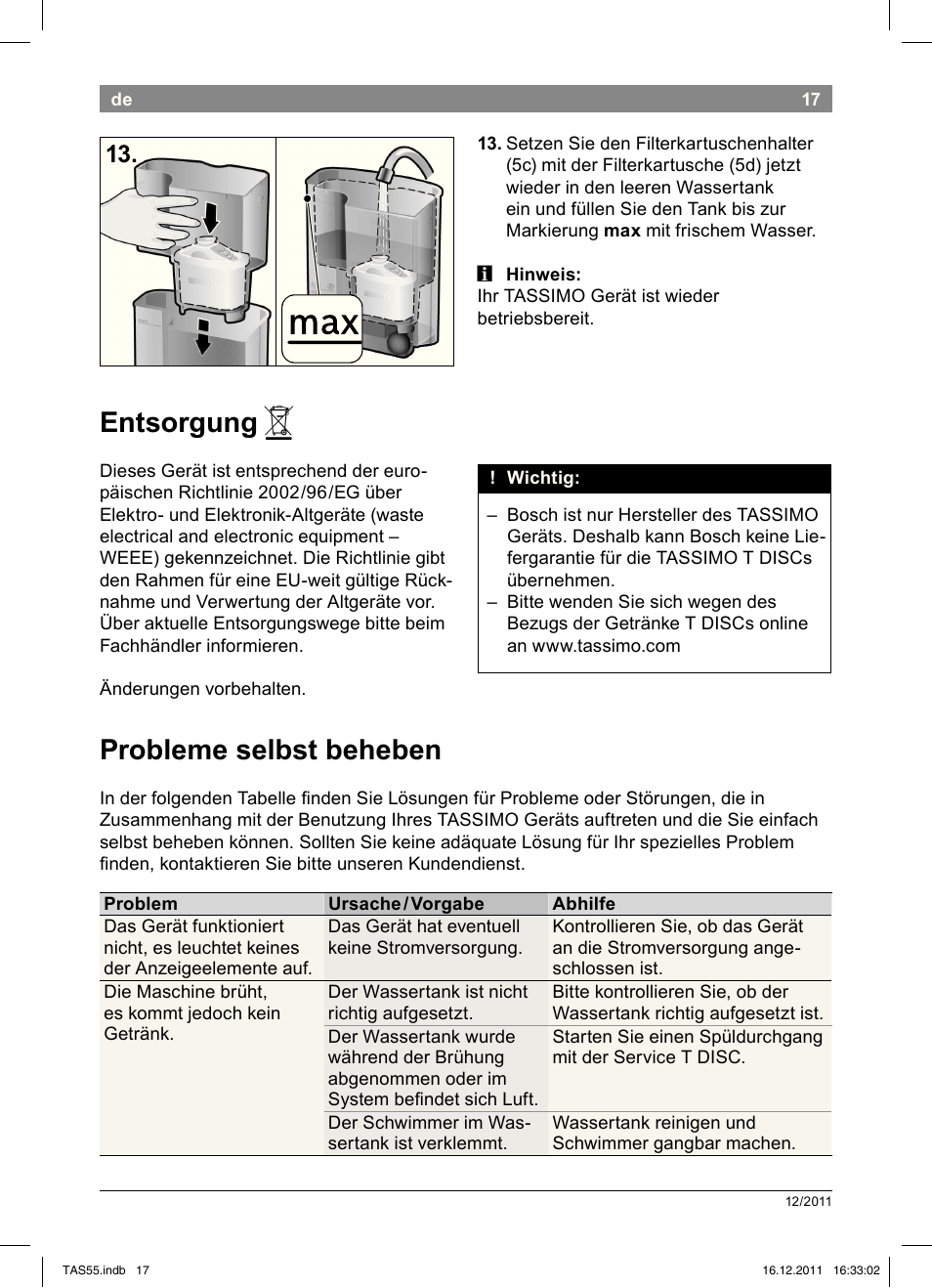 Entsorgung, Probleme!selbst!beheben | Bosch TASSIMO Multi-Getränke-Automat T55 TAS5544 linen white weiß User Manual | Page 19 / 190