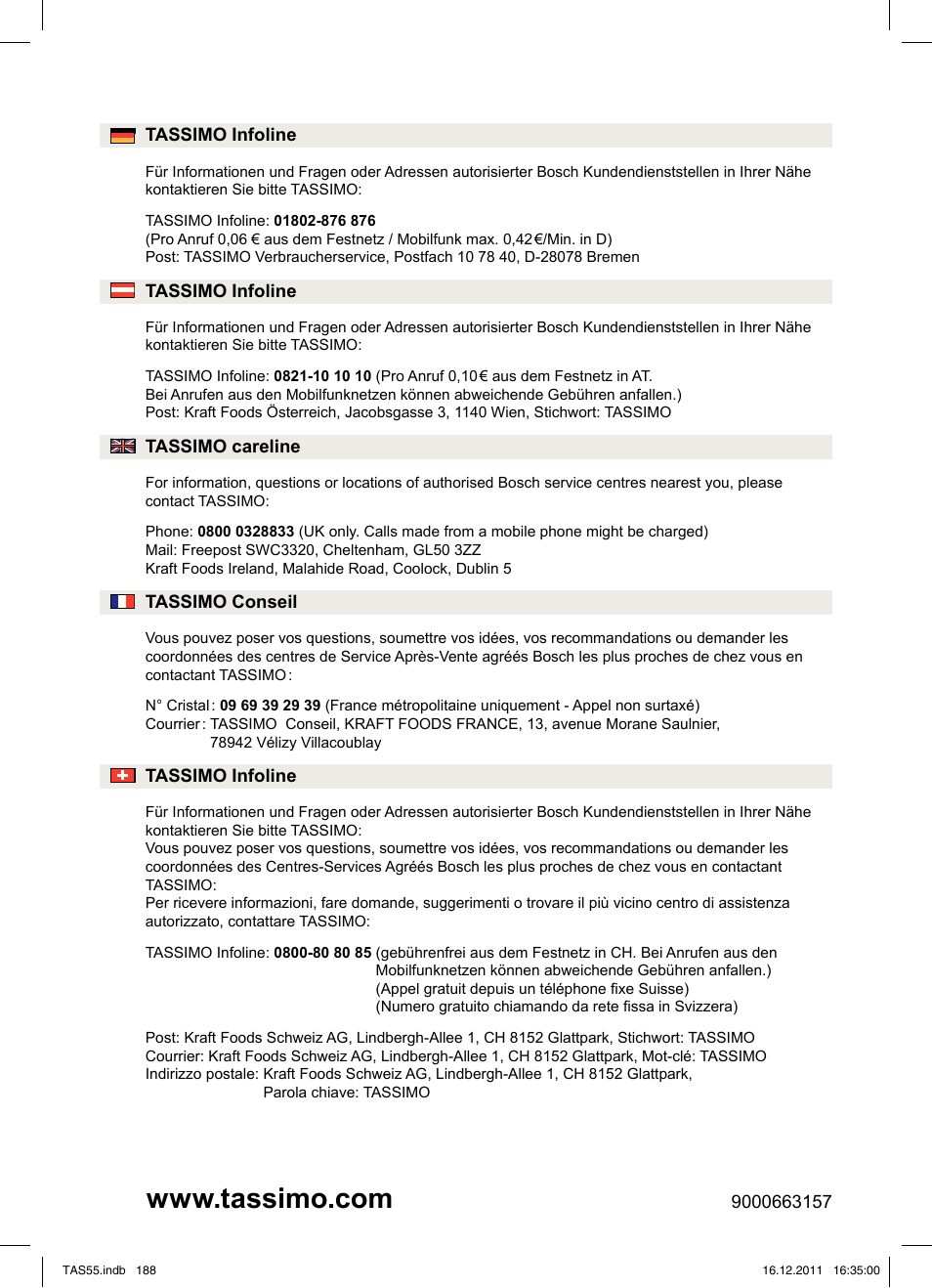 Bosch TASSIMO Multi-Getränke-Automat T55 TAS5544 linen white weiß User Manual | Page 190 / 190