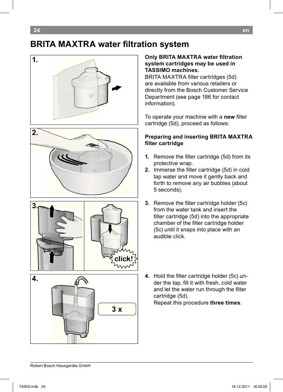 Brita!!maxtra!water!i!ltration!system, 2. 3. 4. 3!x | Bosch TASSIMO Multi-Getränke-Automat T55 TAS5544 linen white weiß User Manual | Page 26 / 190