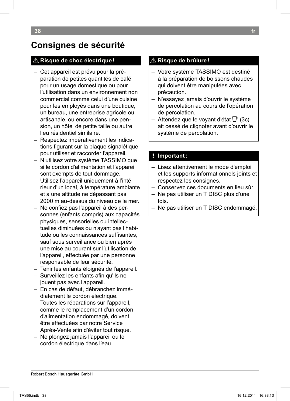 Consignes!de!sécurité | Bosch TASSIMO Multi-Getränke-Automat T55 TAS5544 linen white weiß User Manual | Page 40 / 190
