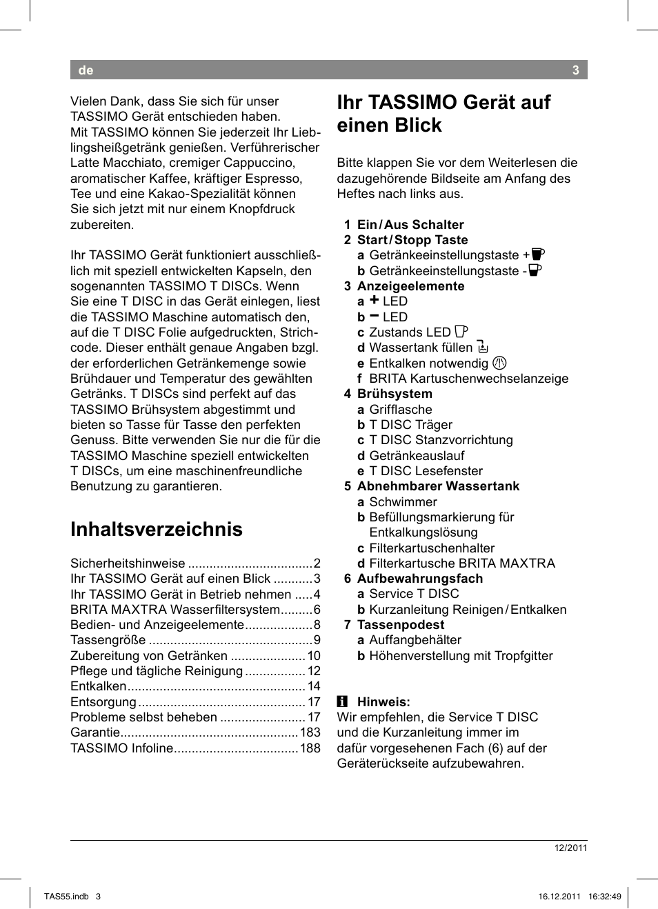 Bosch TASSIMO Multi-Getränke-Automat T55 TAS5544 linen white weiß User Manual | Page 5 / 190